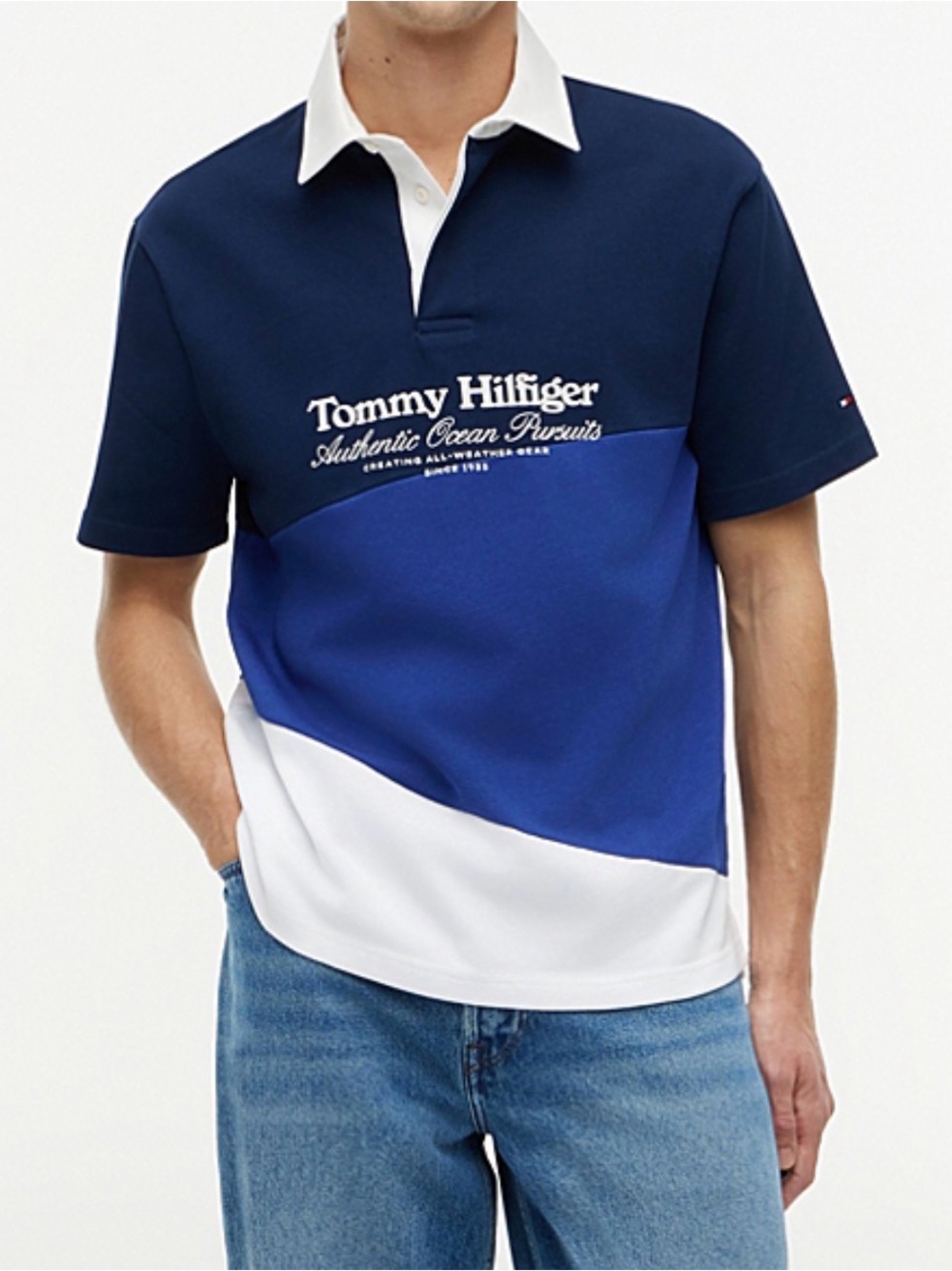 Tommy Hilfiger Relaxed Fit Back Logo Colour-Blocked Polo Shirt, Navy/Multi - M